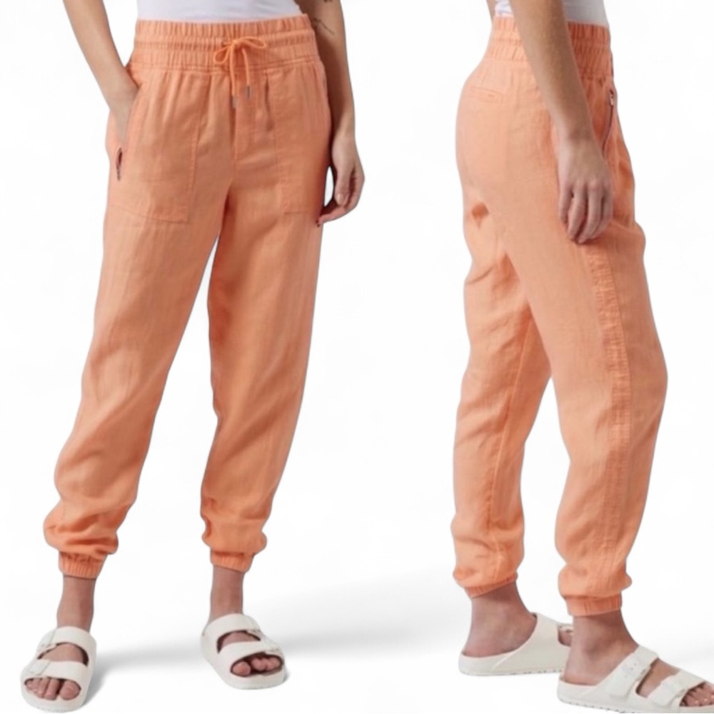 Athleta‎ Linen Jogger Pants Womens 16 Toasted Ochre Drawstring Zip Pockets